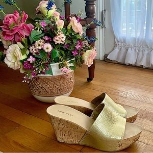 8.5 Nine West slip on Gold sandals with Cork Wedge Heel